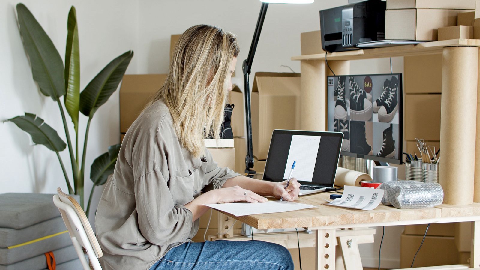 Ecommerce Development in Ataşehir: Preparing a Local Retail Project Seller working on a laptop beside product packages and a clothing rack