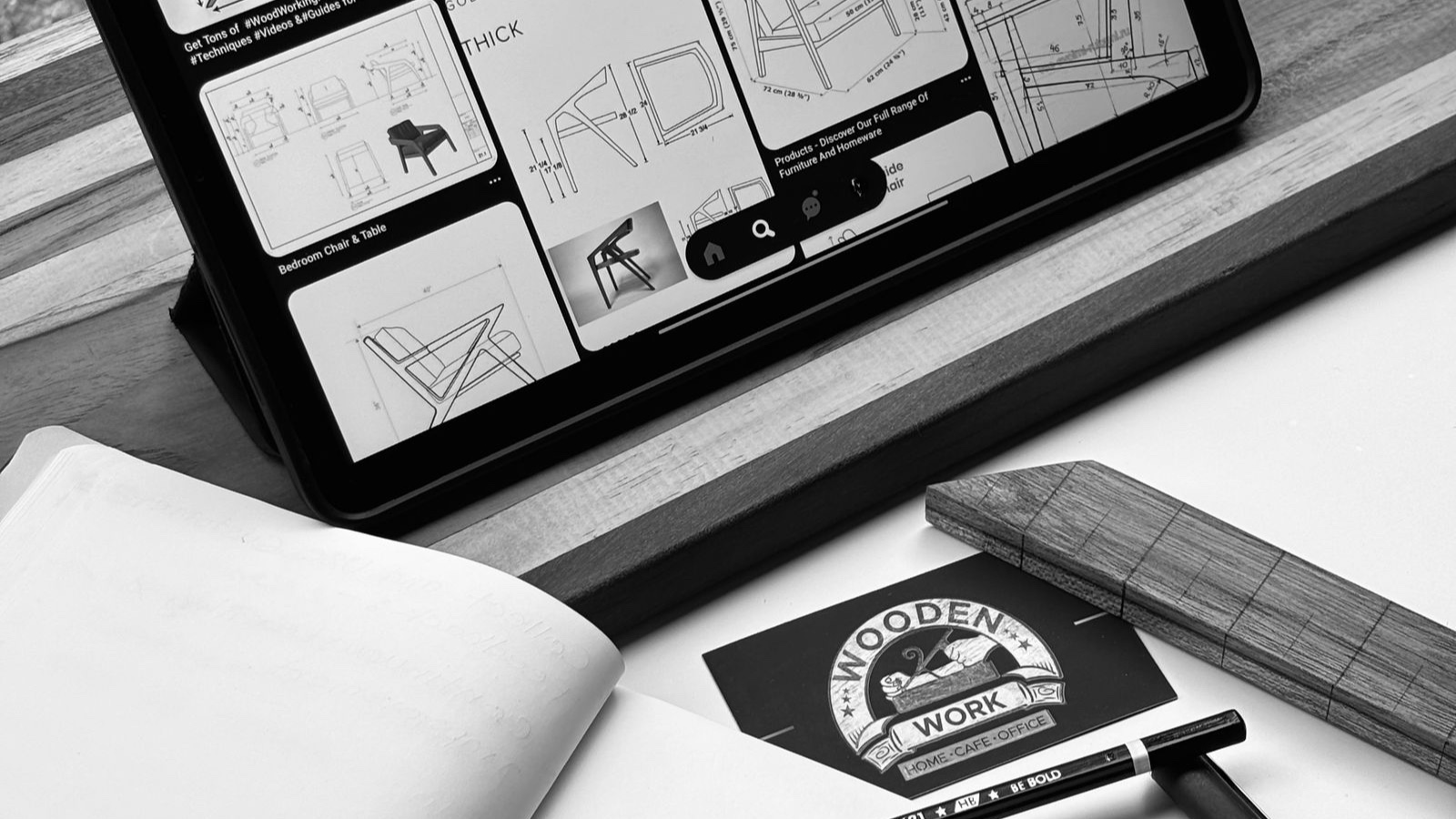 Corporate Website Planning: Which Pages Do You Need? Black-and-white workspace with sketches and tablet displaying design concepts.