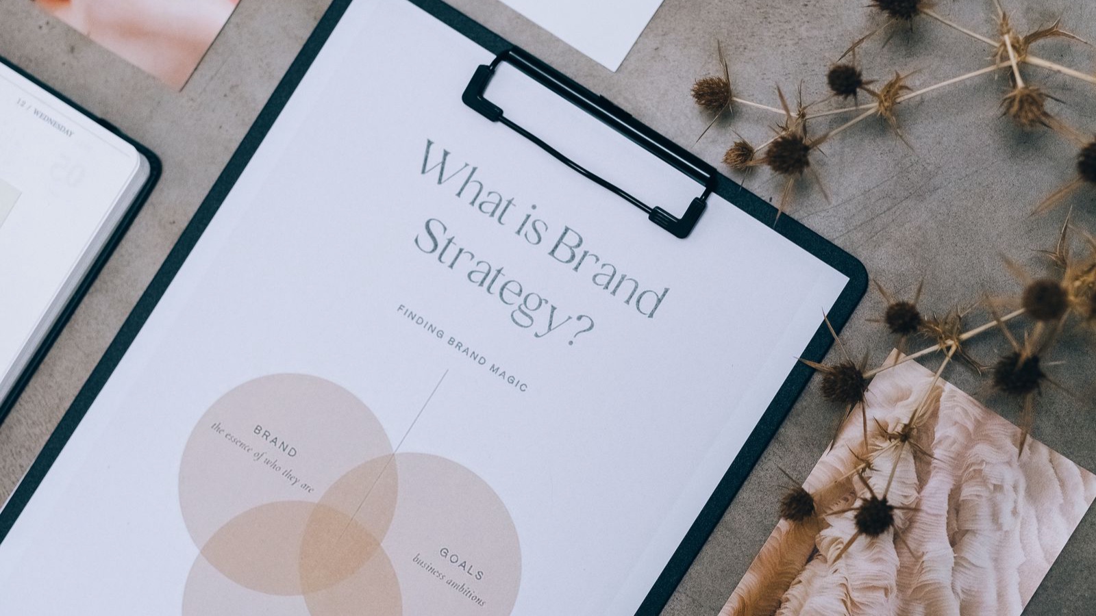 Brand guidelines: From file handover to a working system A folder with brand documentation and visual samples on a table
