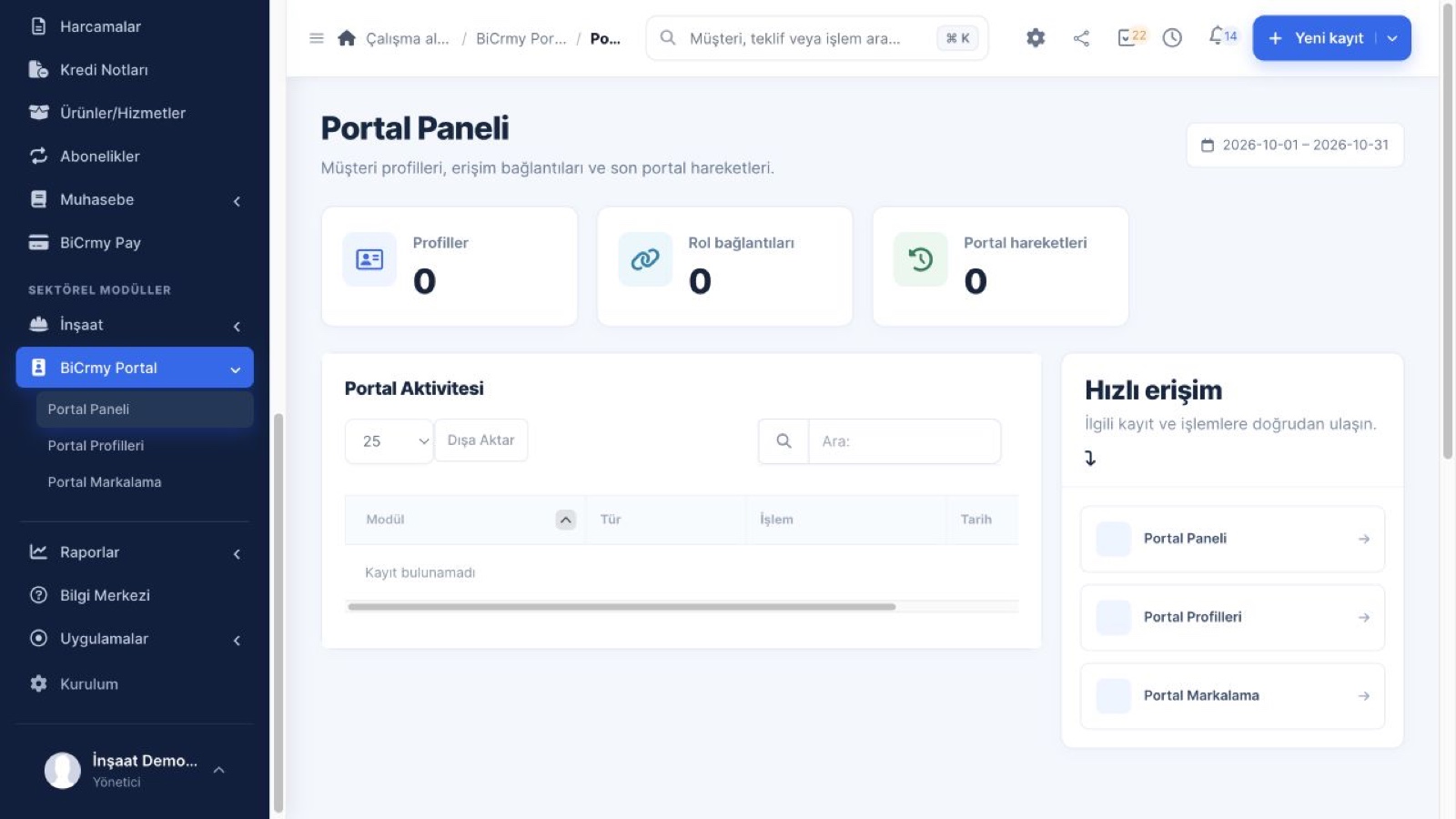 The portal dashboard in the BiCrmy demo application; all records are fictional