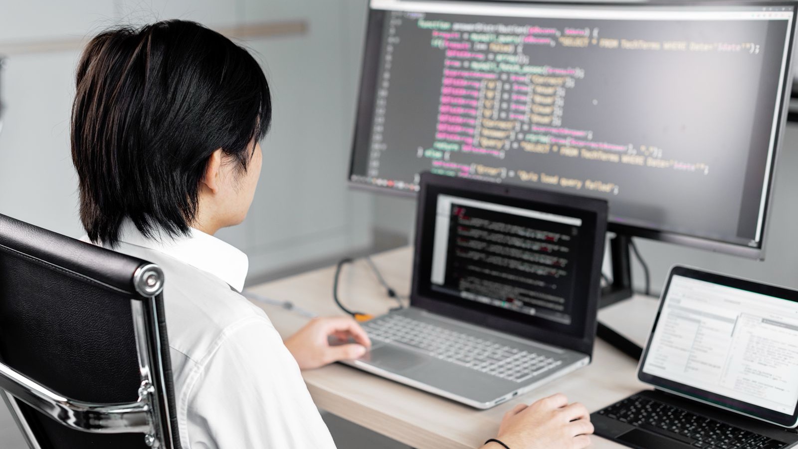Website Redesign: A Practical Plan for Existing URLs A software developer working on code with multiple screens in a modern office setting.